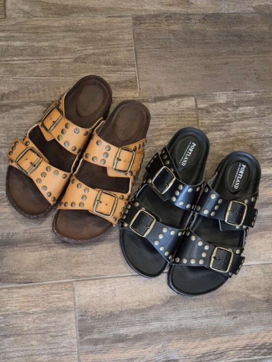 Portland Boot Company Shoes - 7.5/8 Portland Faux Leather Studded Adjustable Buckle Slide Sandals